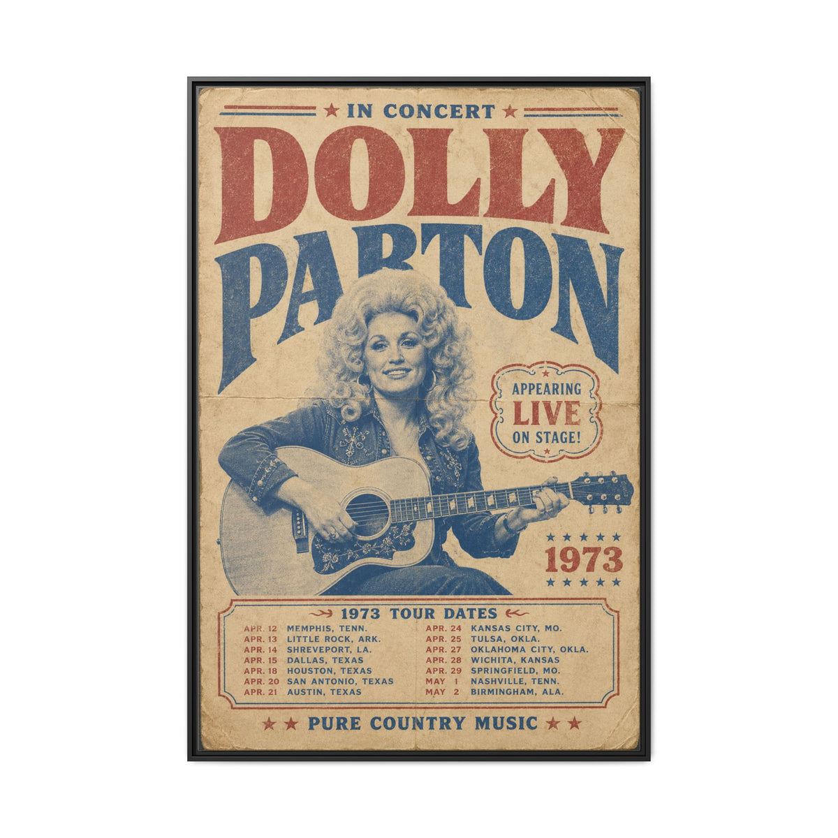 Dolly Parton Wall Art, 1973 Concert Poster Framed Canvas, Vintage Country Music Decor, Nashville Music Room Art, Dolly Parton Gift
