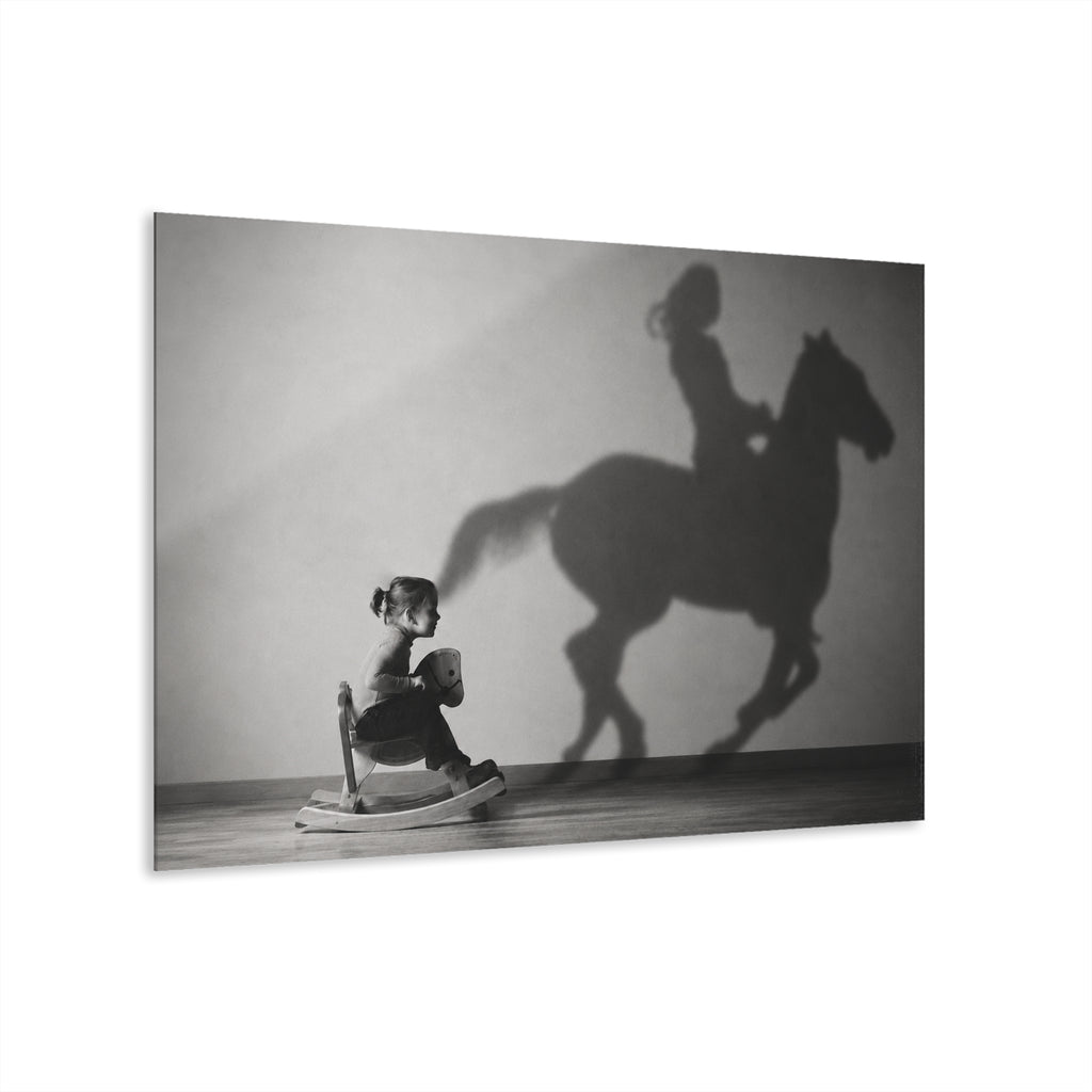 Horse Shadow Acrylic Wall Art, Black and White Childhood Photography, Imagination Print