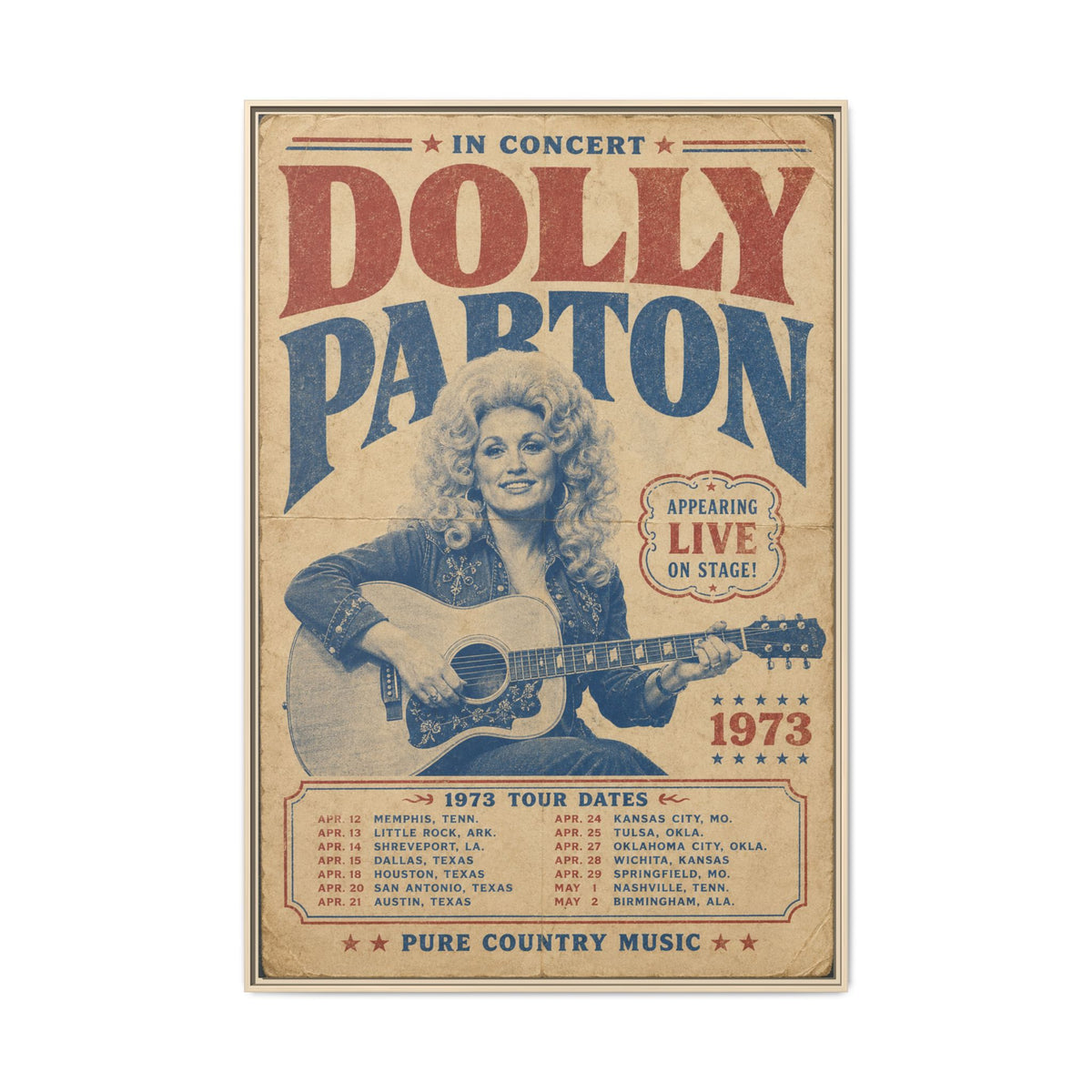 Dolly Parton Wall Art, 1973 Concert Poster Framed Canvas, Vintage Country Music Decor, Nashville Music Room Art, Dolly Parton Gift