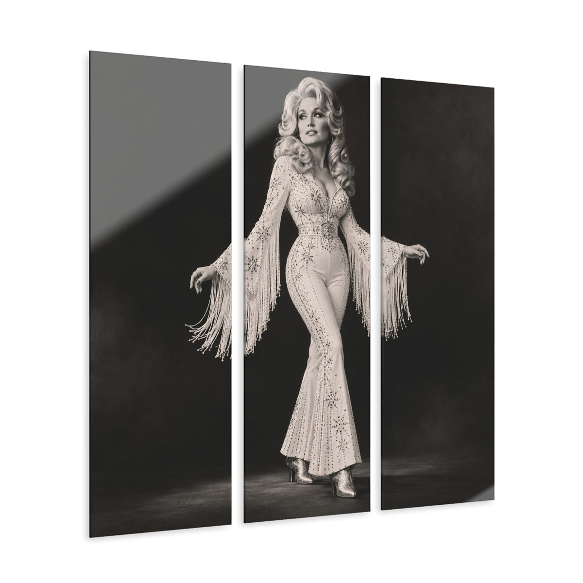 Dolly Parton Acrylic Wall Art Triptych, Black and White Rhinestone Portrait, 3 Panel Western Decor