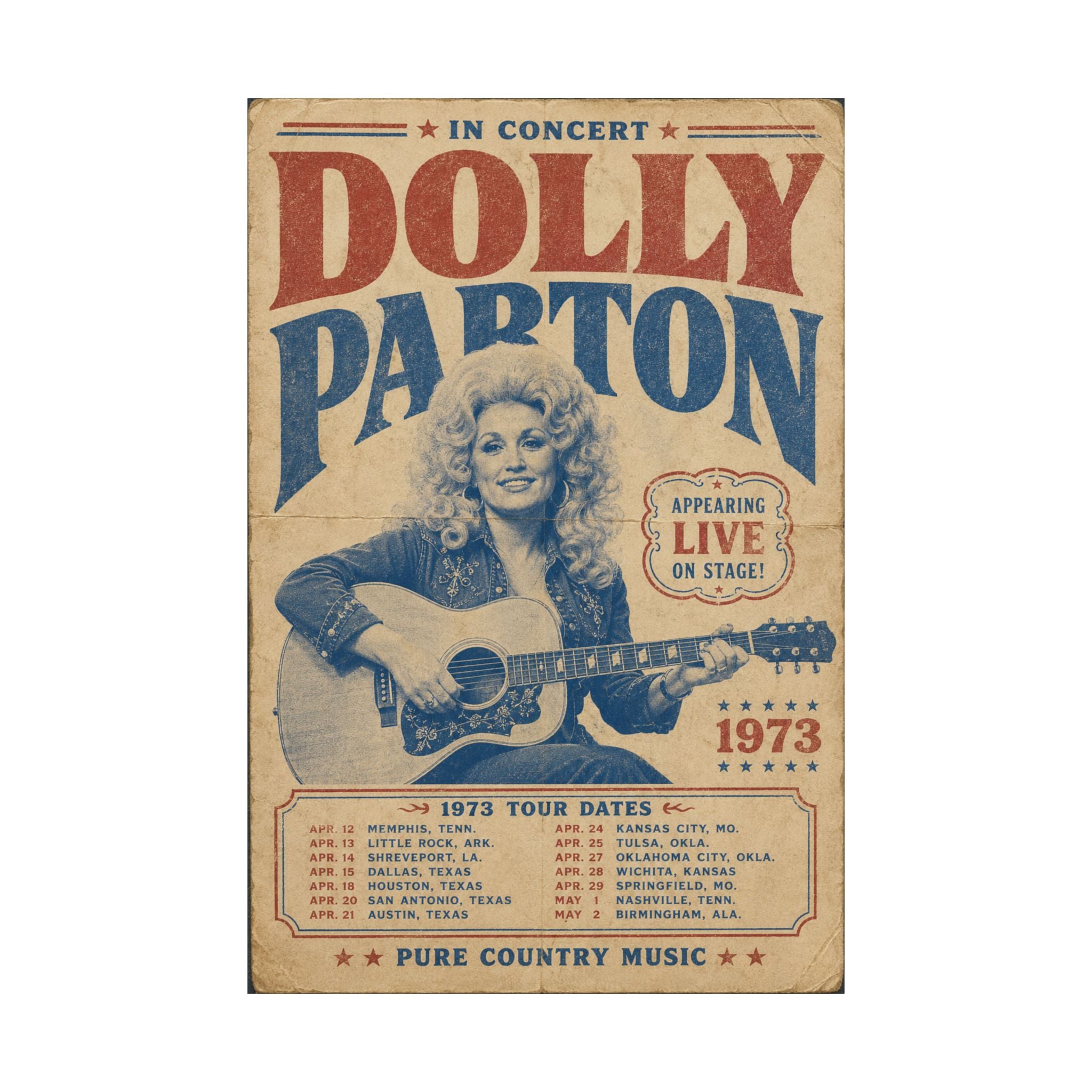 Dolly Parton LIVE ’73 Poster | Vintage Country Concert Matte Poster