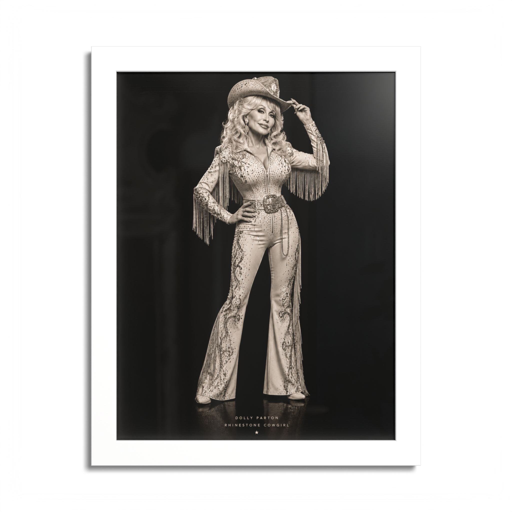 Dolly Parton Rhinestone Cowgirl Framed Wall Art | Black & White Western Portrait