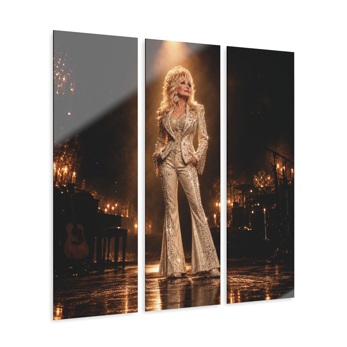 Dolly Parton Acrylic Wall Art Triptych, 3 Panel Nashville Decor, Rhinestone Cowgirl Portrait, 36 x 36 Inches