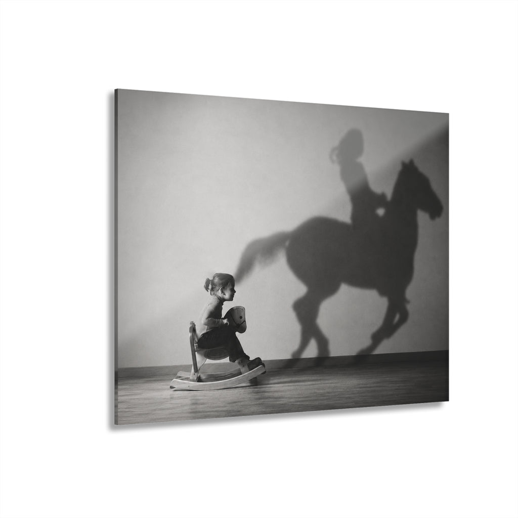 Horse Shadow Acrylic Wall Art, Black and White Childhood Photography, Imagination Print