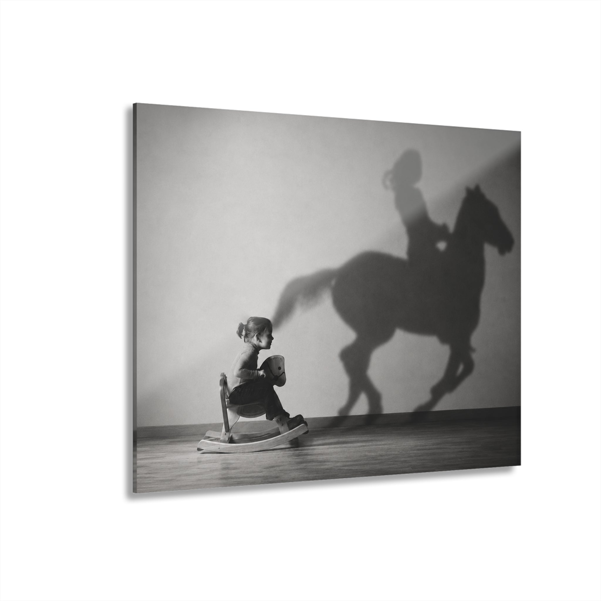 Horse Shadow Acrylic Wall Art, Black and White Childhood Photography, Imagination Print
