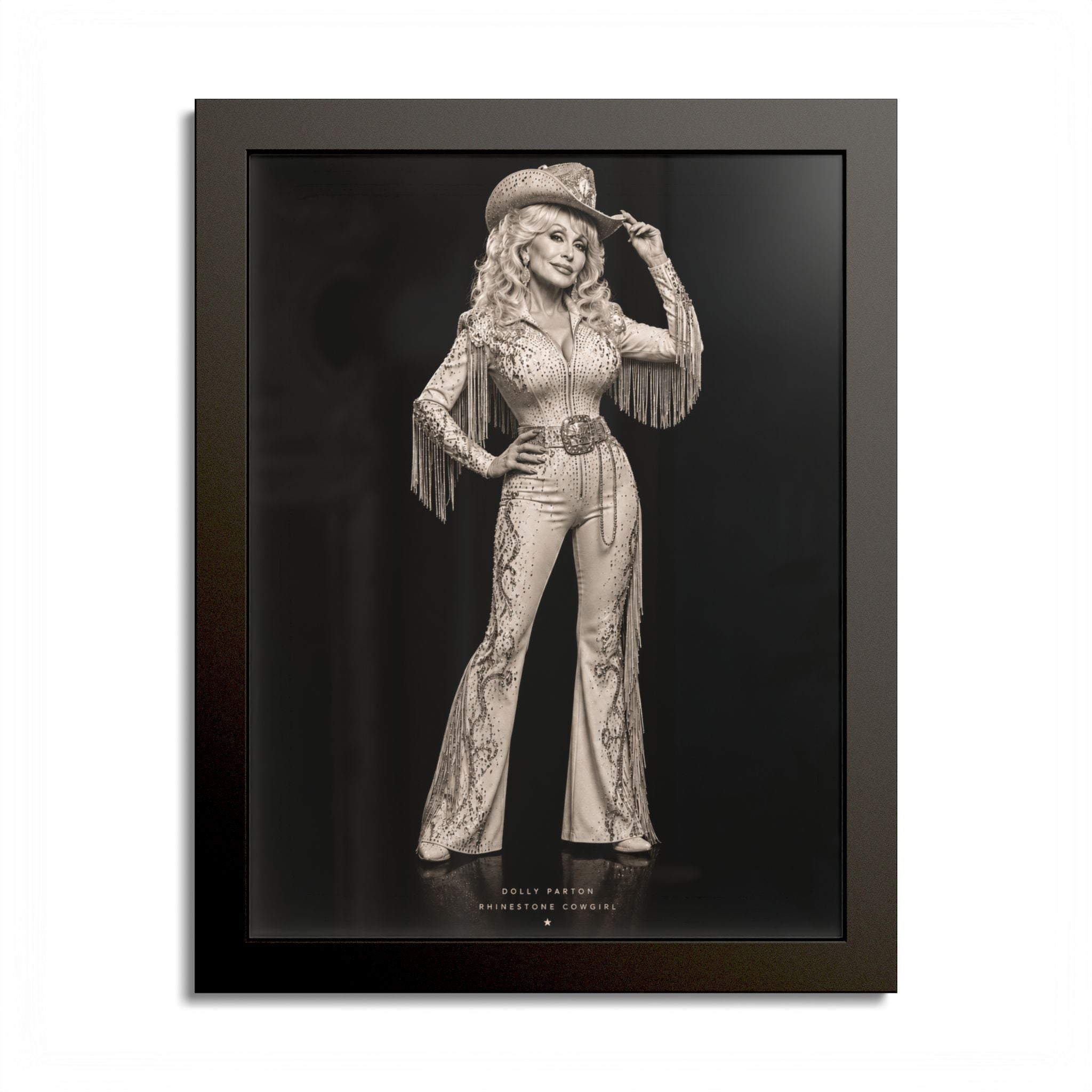 Dolly Parton Rhinestone Cowgirl Framed Wall Art | Black & White Western Portrait
