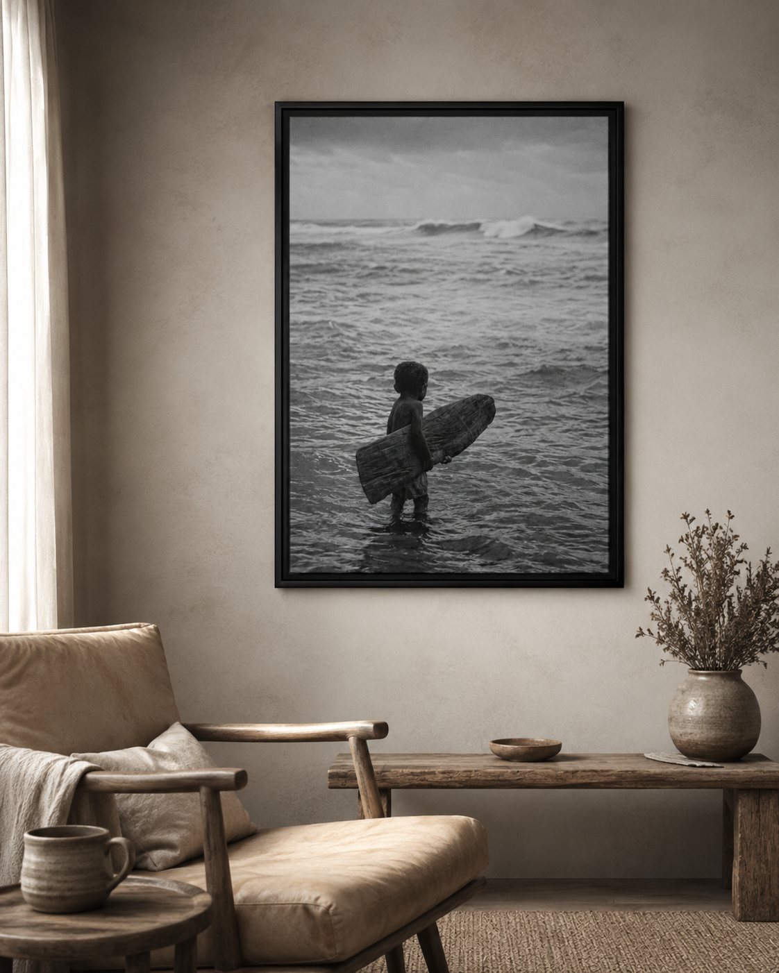 Black & White Surfing Child Matte Canvas Print (Framed)