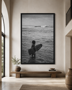 Black & White Surfing Child Matte Canvas Print (Framed)