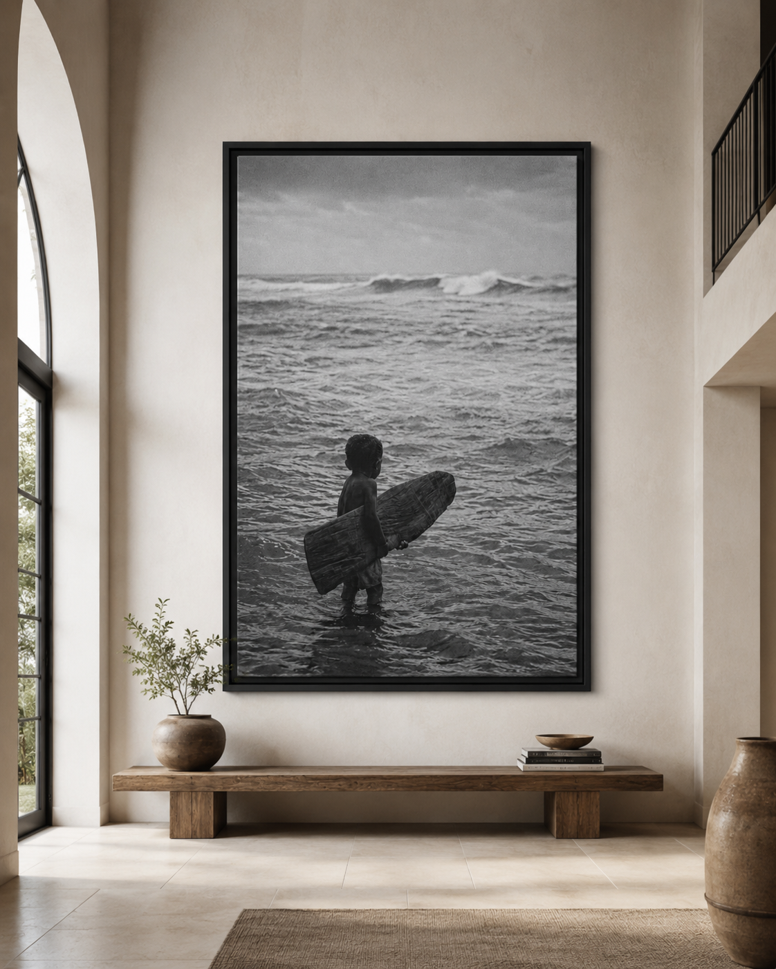 Black & White Surfing Child Matte Canvas Print (Framed)