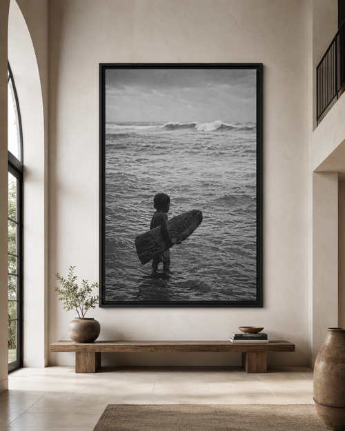 Black & White Surfing Child Matte Canvas Print (Framed)