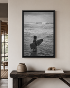 Black & White Surfing Child Matte Canvas Print (Framed)