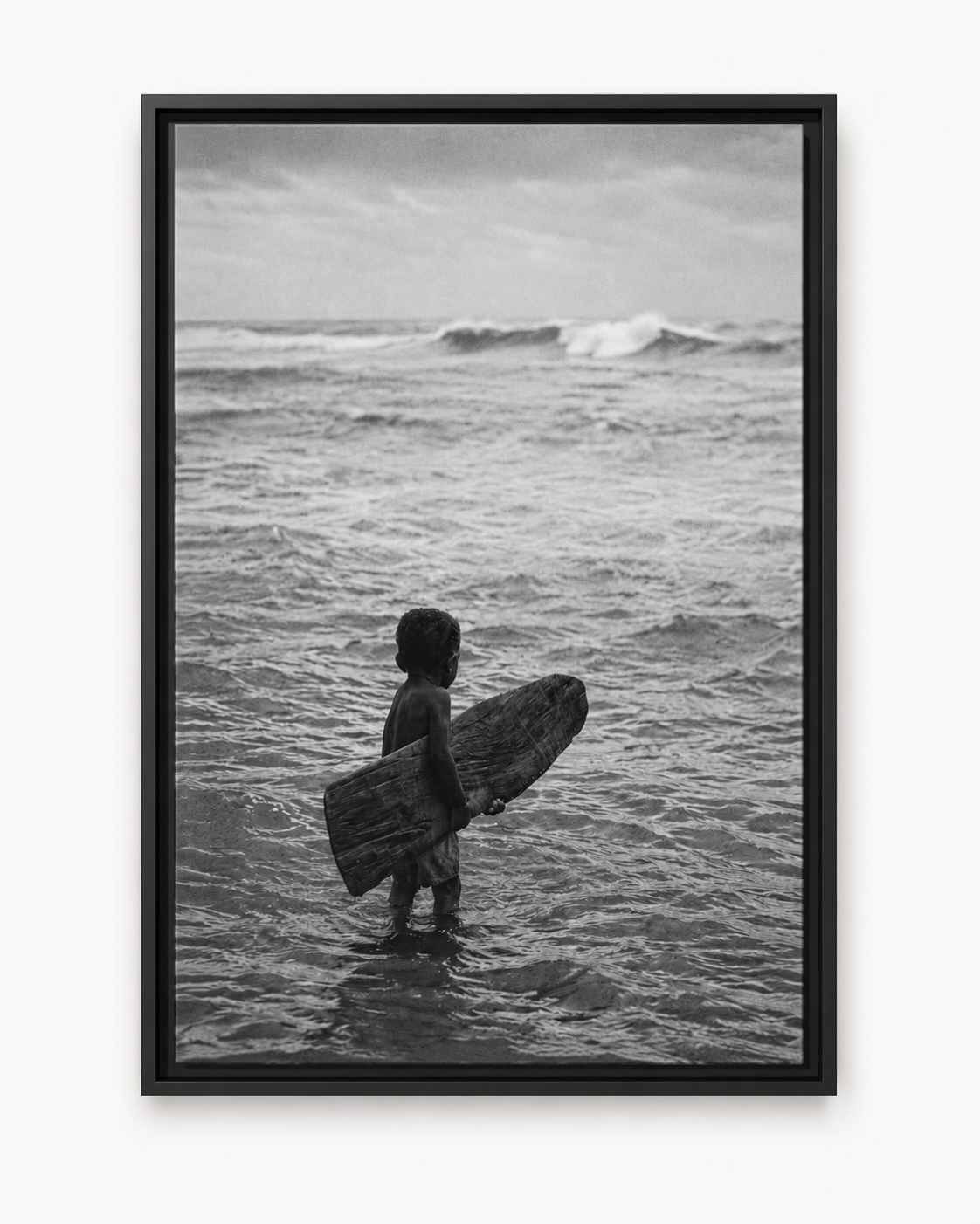 Black & White Surfing Child Matte Canvas Print (Framed)