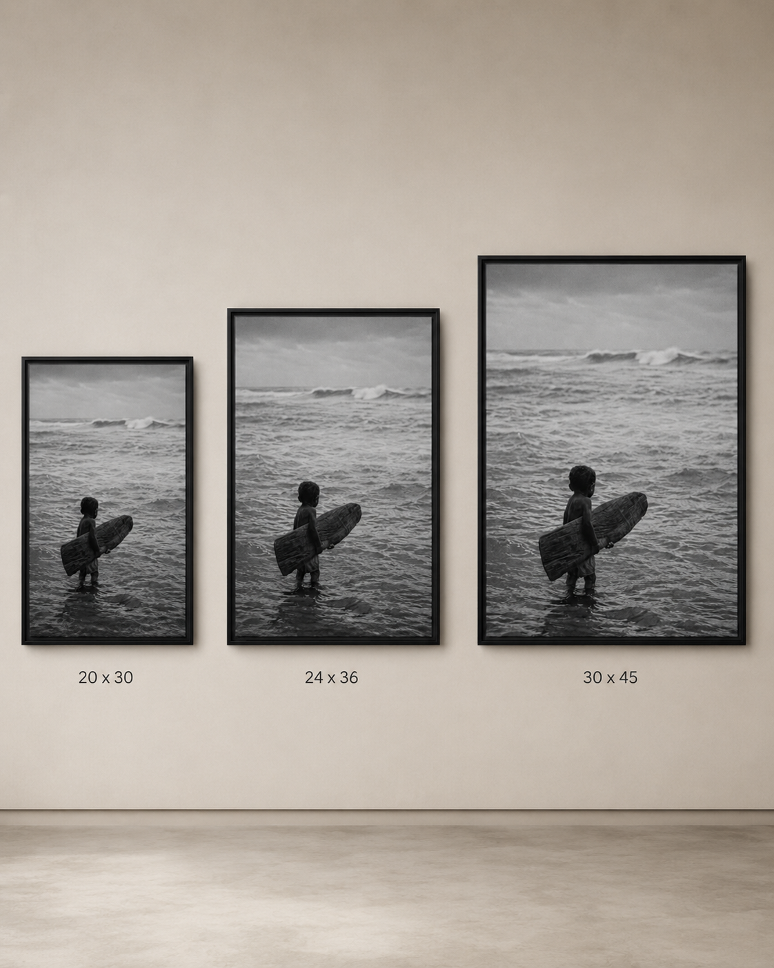 Black & White Surfing Child Matte Canvas Print (Framed)