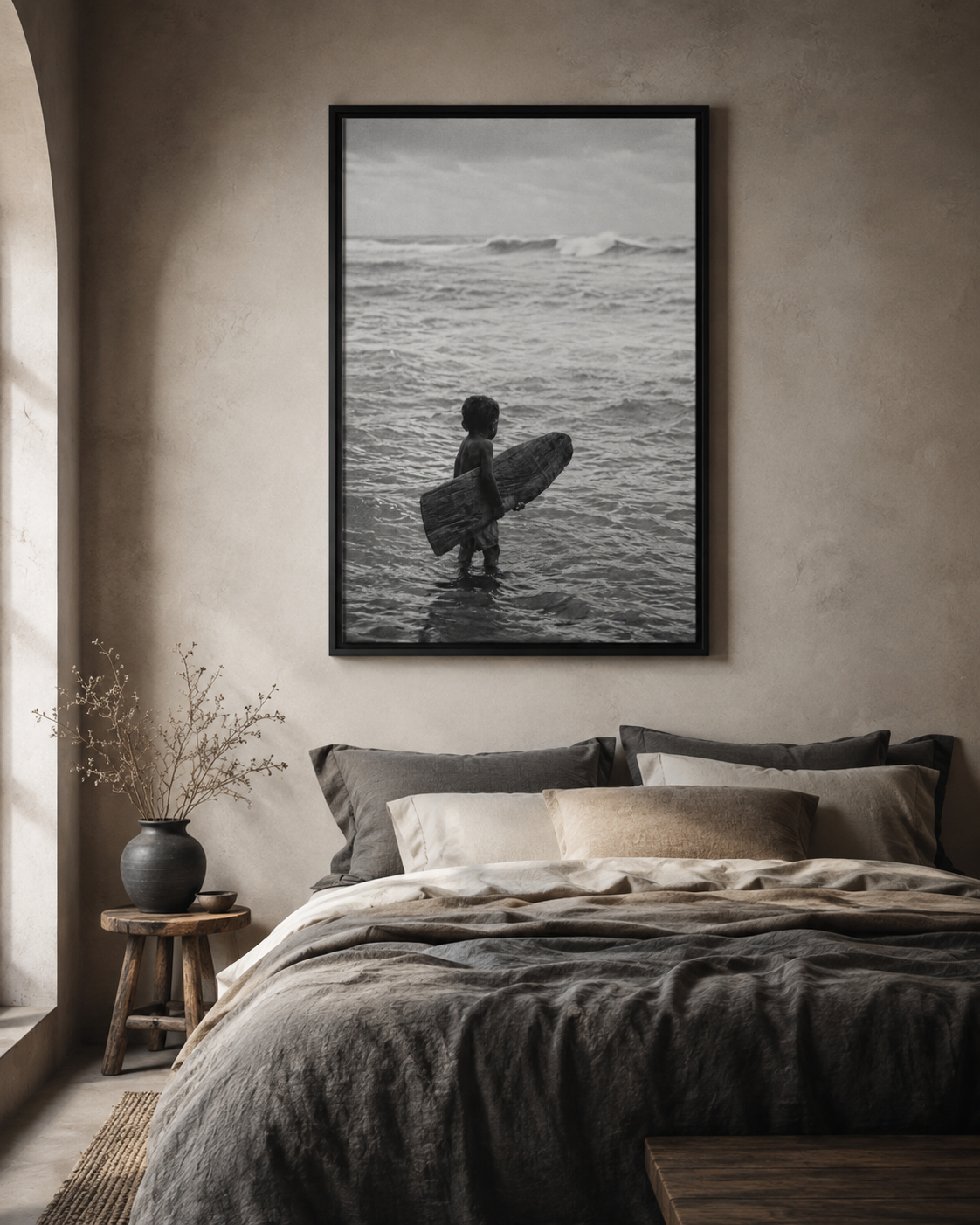 Black & White Surfing Child Matte Canvas Print (Framed)
