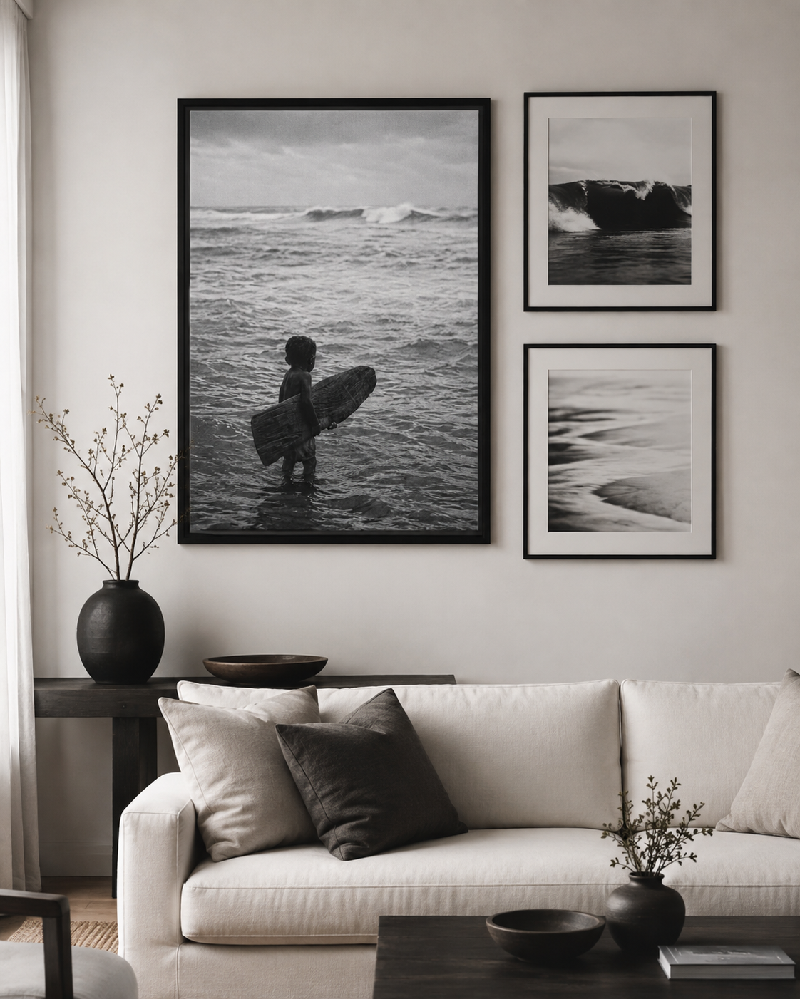 Black & White Surfing Child Matte Canvas Print (Framed)