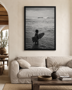 Black & White Surfing Child Matte Canvas Print (Framed)