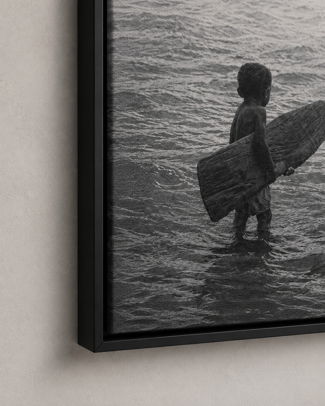 Black & White Surfing Child Matte Canvas Print (Framed)