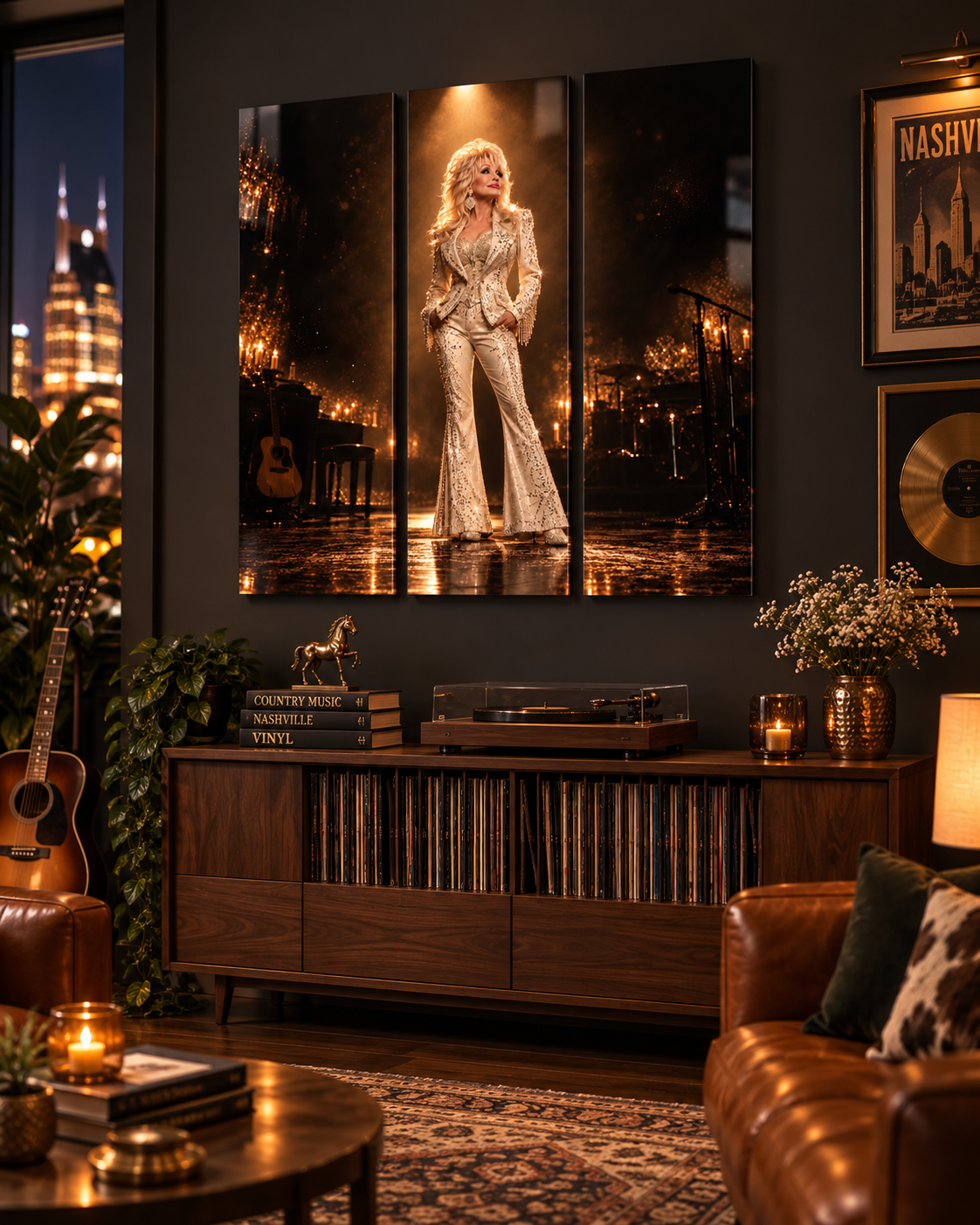 Dolly Parton Acrylic Wall Art Triptych, 3 Panel Nashville Decor, Rhinestone Cowgirl Portrait, 36 x 36 Inches