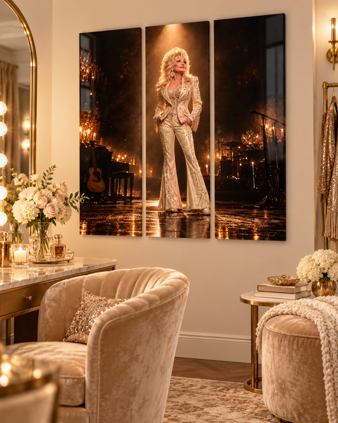 Dolly Parton Acrylic Wall Art Triptych, 3 Panel Nashville Decor, Rhinestone Cowgirl Portrait, 36 x 36 Inches