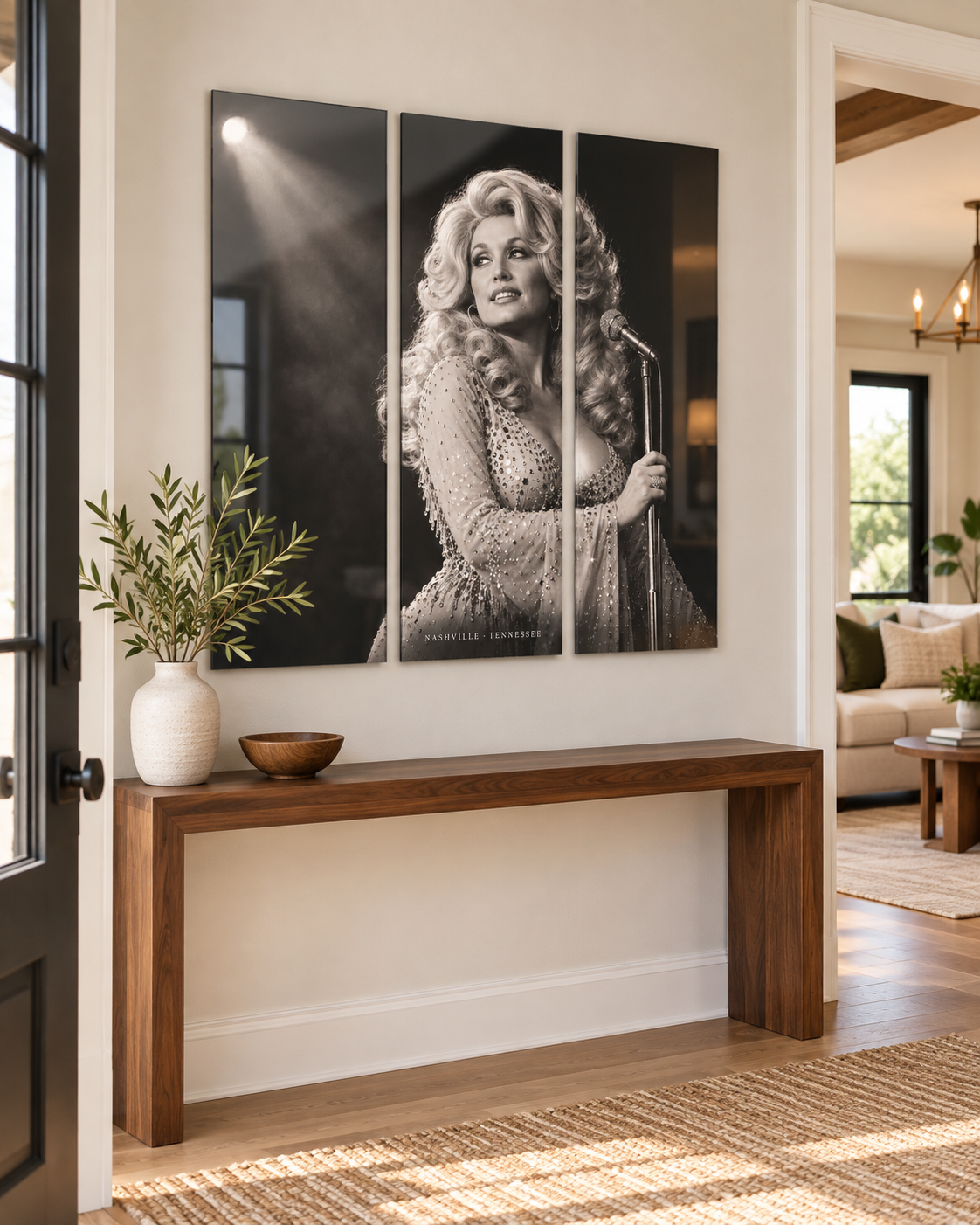 Dolly Parton Acrylic Wall Art Triptych, Black and White Stage Portrait, 3 Panel Nashville Decor