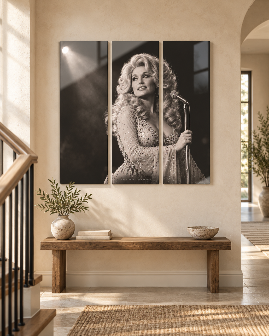 Dolly Parton Acrylic Wall Art Triptych, Black and White Stage Portrait, 3 Panel Nashville Decor