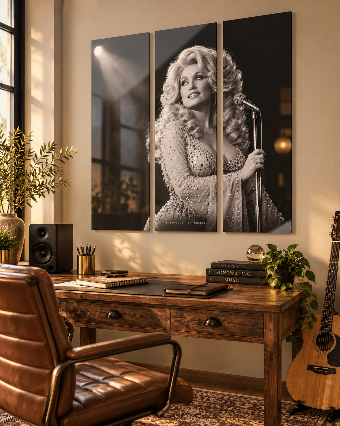 Dolly Parton Acrylic Wall Art Triptych, Black and White Stage Portrait, 3 Panel Nashville Decor