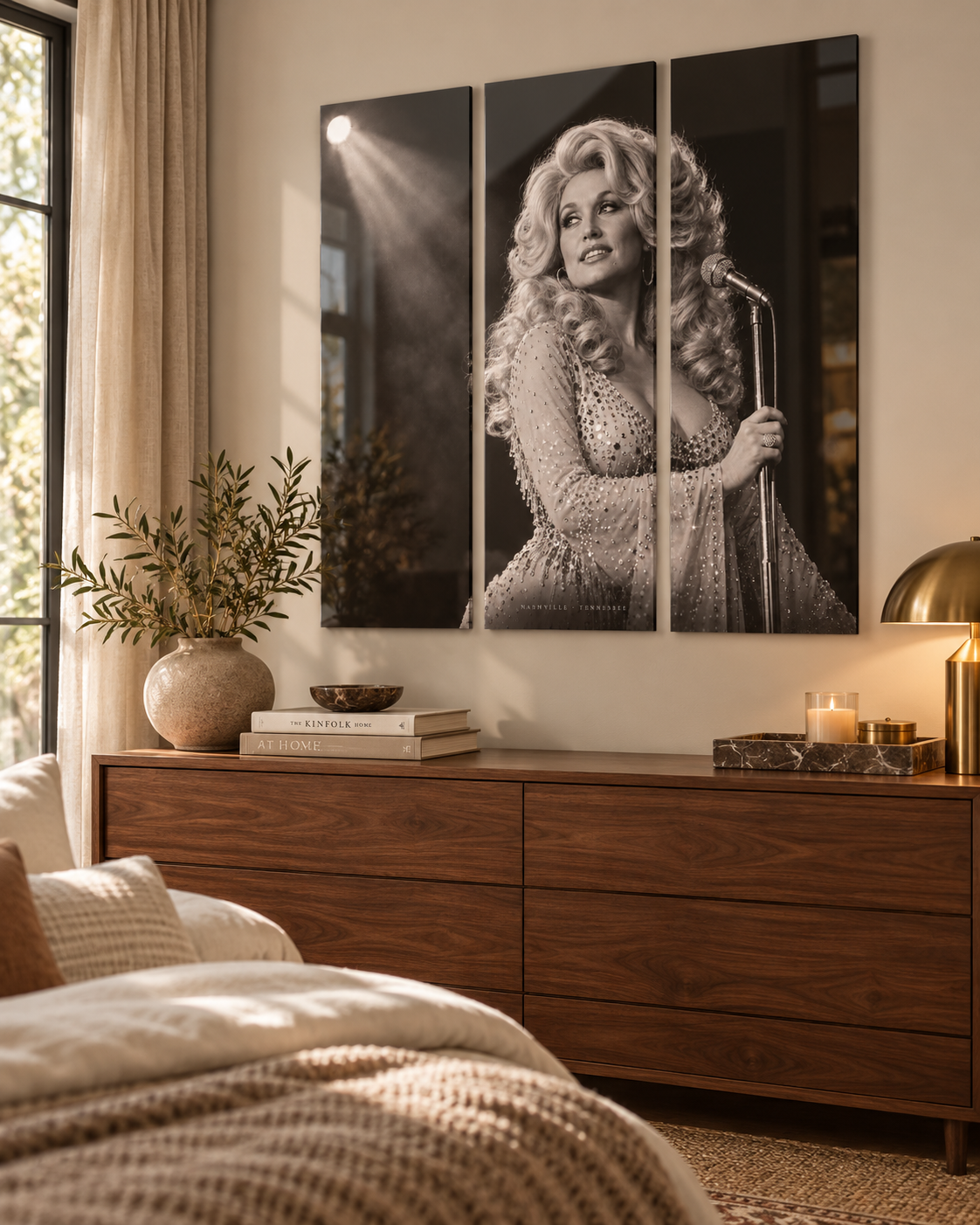 Dolly Parton Acrylic Wall Art Triptych, Black and White Stage Portrait, 3 Panel Nashville Decor