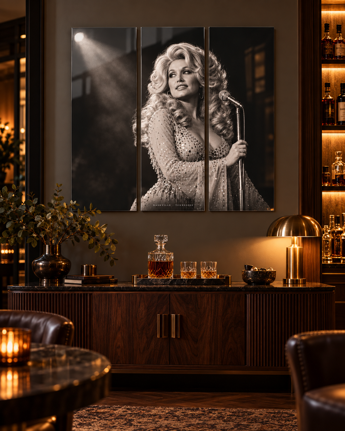 Dolly Parton Acrylic Wall Art Triptych, Black and White Stage Portrait, 3 Panel Nashville Decor