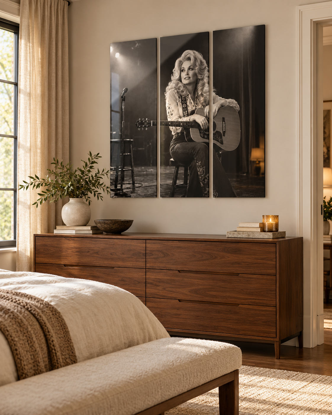 Dolly Parton Acrylic Wall Art Triptych, 3 Panel Nashville Decor, Rhinestone Cowgirl Portrait, 36 x 36 Inches
