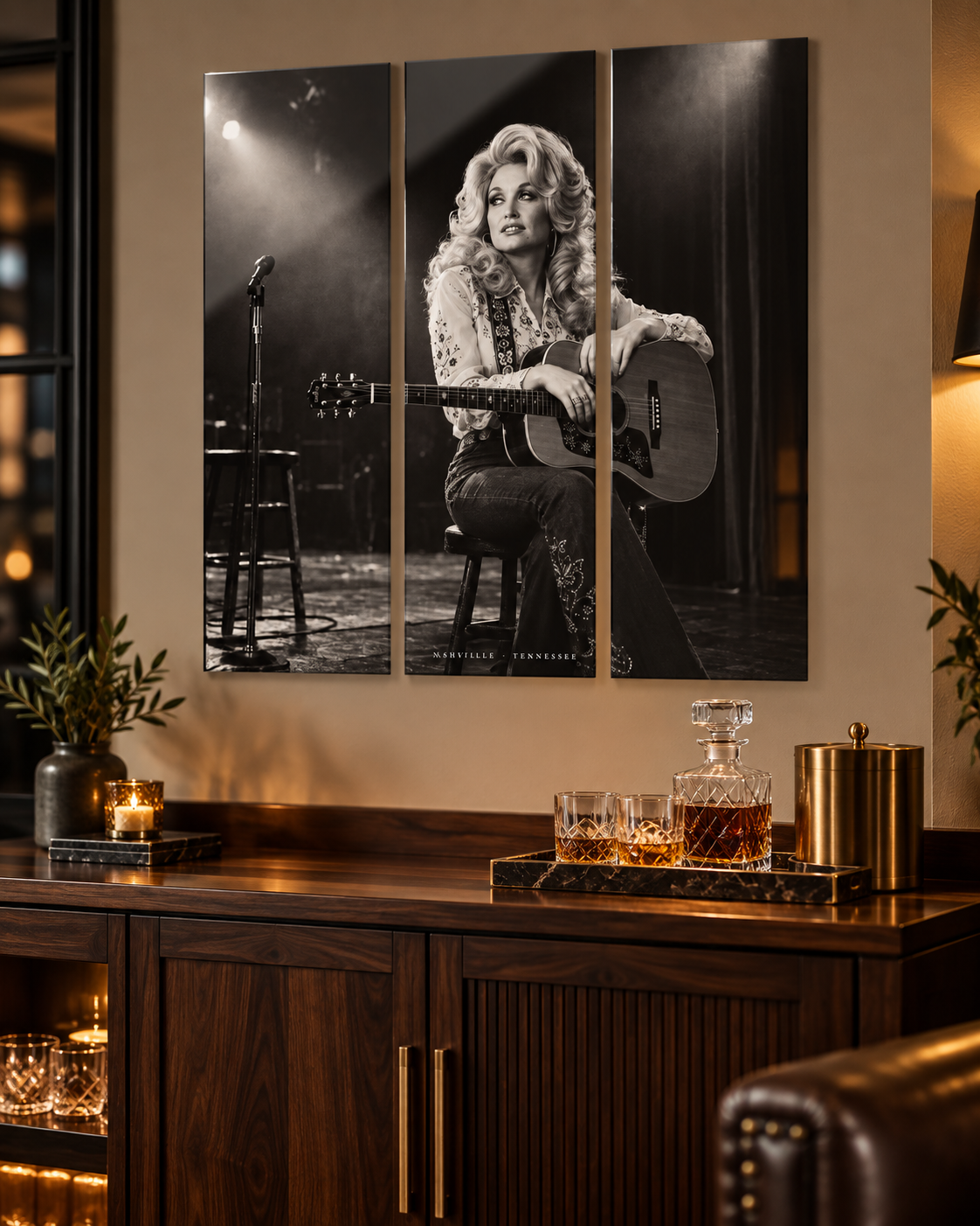 Dolly Parton Acrylic Wall Art Triptych, 3 Panel Nashville Decor, Rhinestone Cowgirl Portrait, 36 x 36 Inches