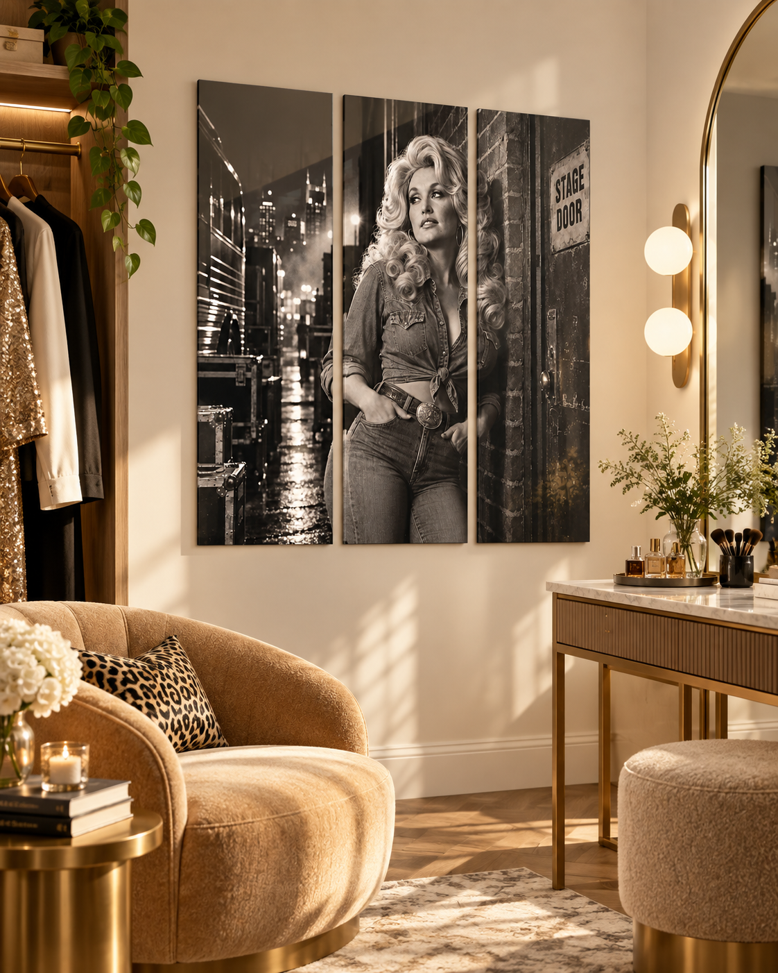 Dolly Parton Acrylic Wall Art Triptych, Black and White Nashville Portrait, 3 Panels