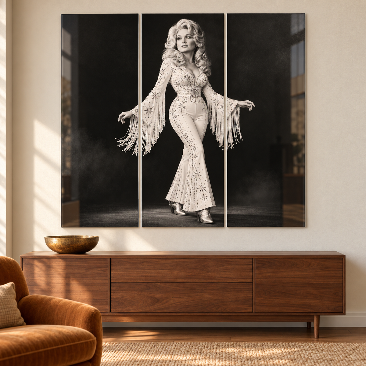 Dolly Parton Acrylic Wall Art Triptych, Black and White Rhinestone Portrait, 3 Panel Western Decor
