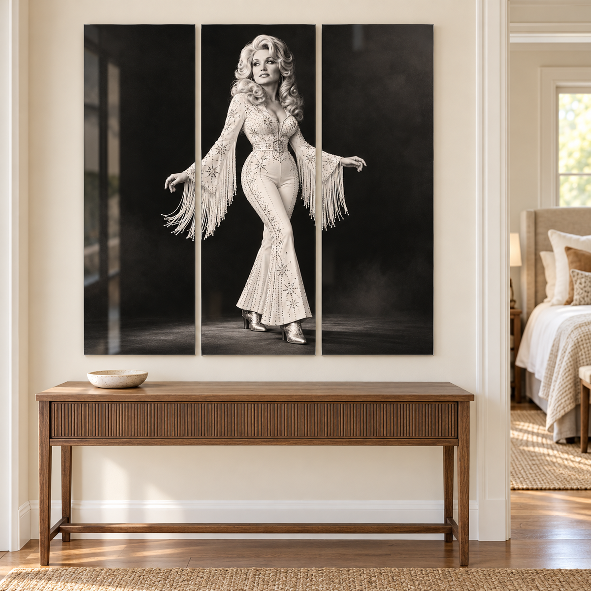 Dolly Parton Acrylic Wall Art Triptych, Black and White Rhinestone Portrait, 3 Panel Western Decor
