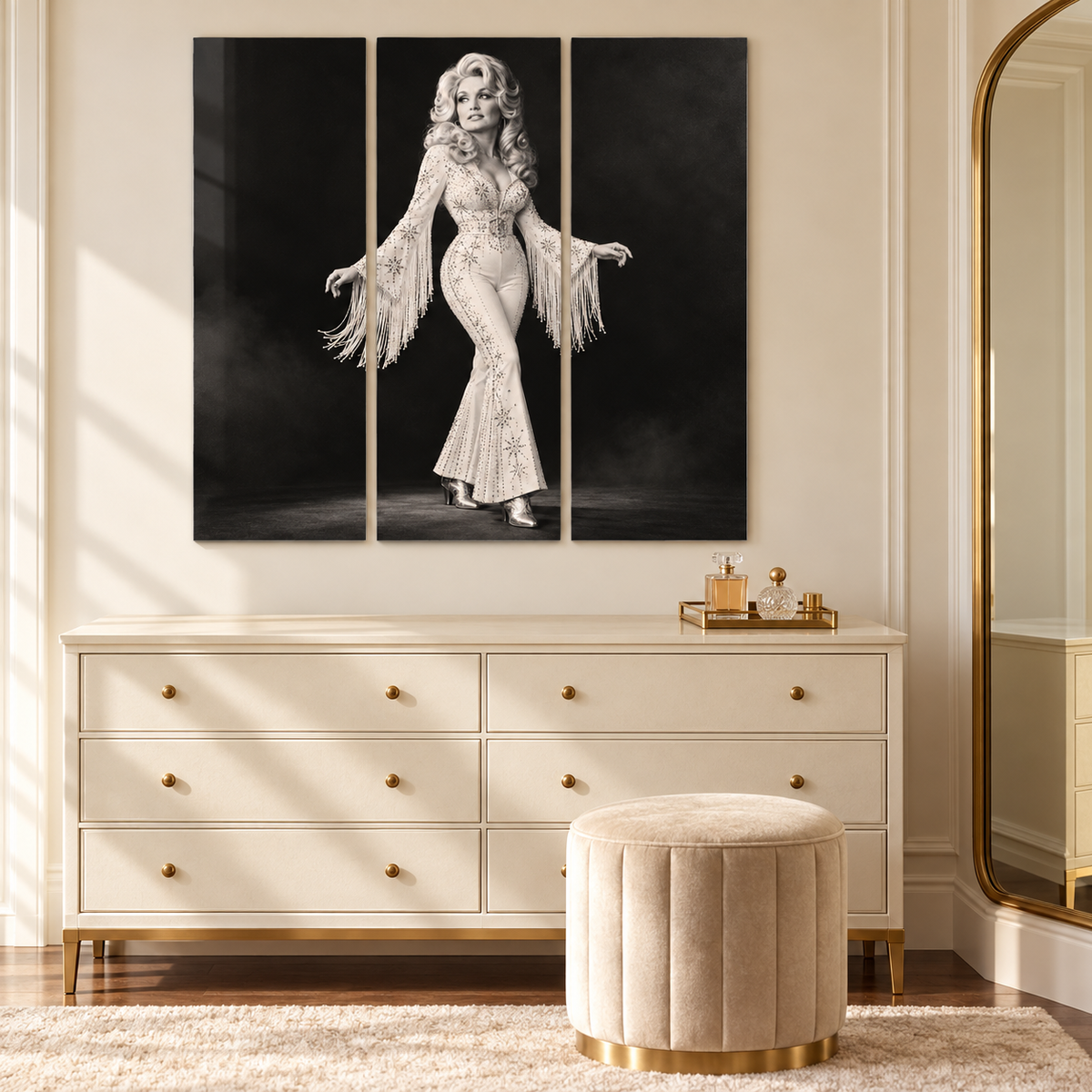 Dolly Parton Acrylic Wall Art Triptych, Black and White Rhinestone Portrait, 3 Panel Western Decor