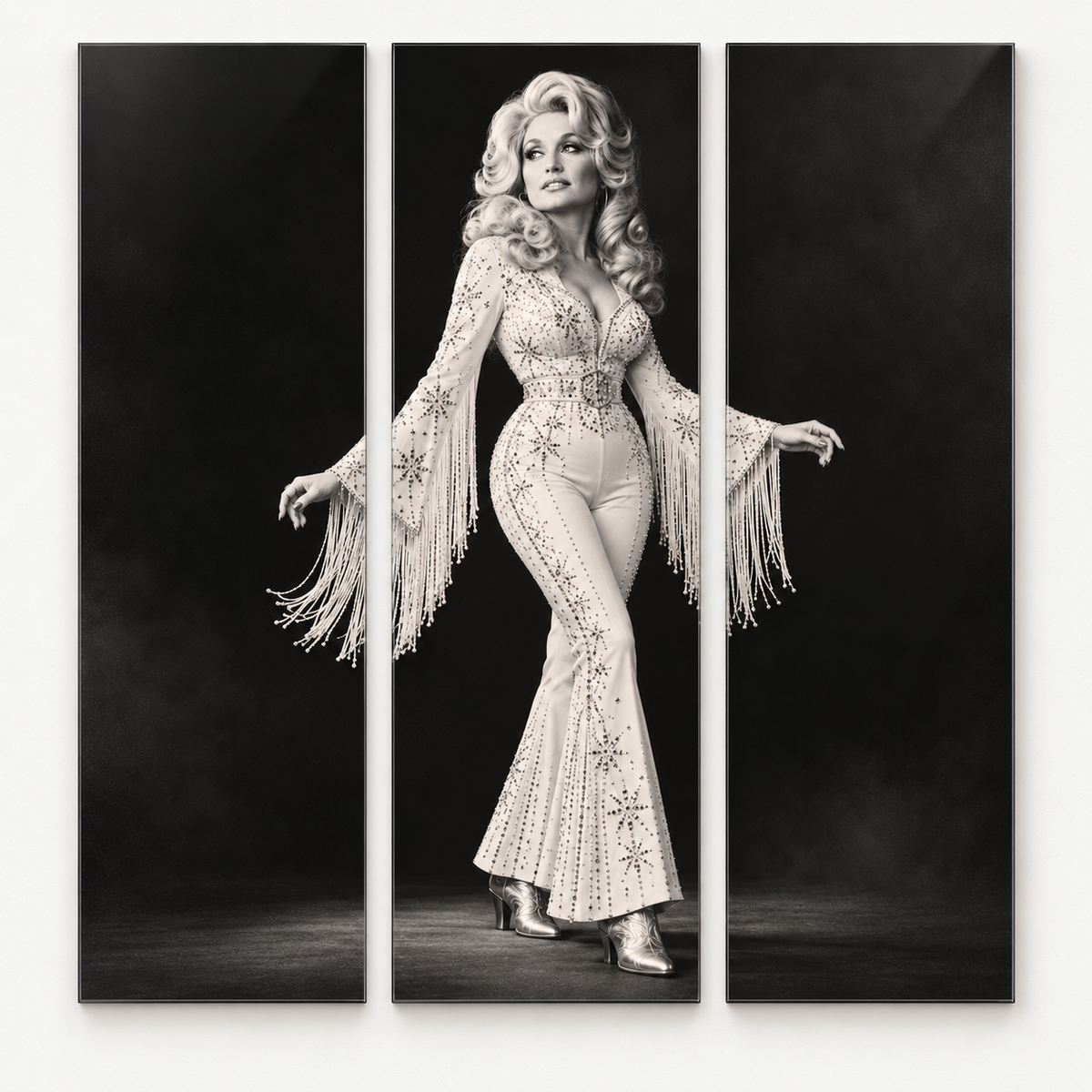 Dolly Parton Acrylic Wall Art Triptych, Black and White Rhinestone Portrait, 3 Panel Western Decor
