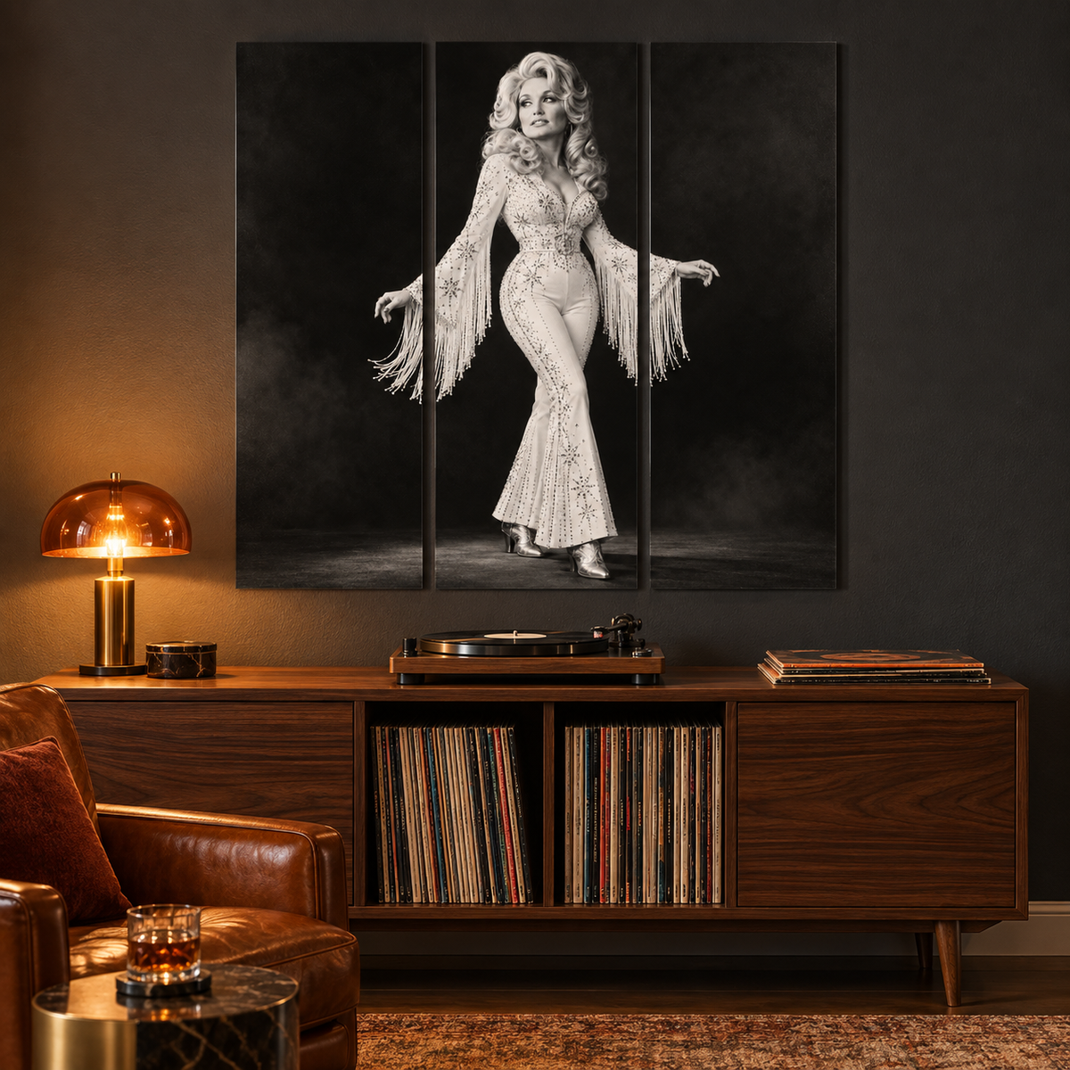 Dolly Parton Acrylic Wall Art Triptych, Black and White Rhinestone Portrait, 3 Panel Western Decor