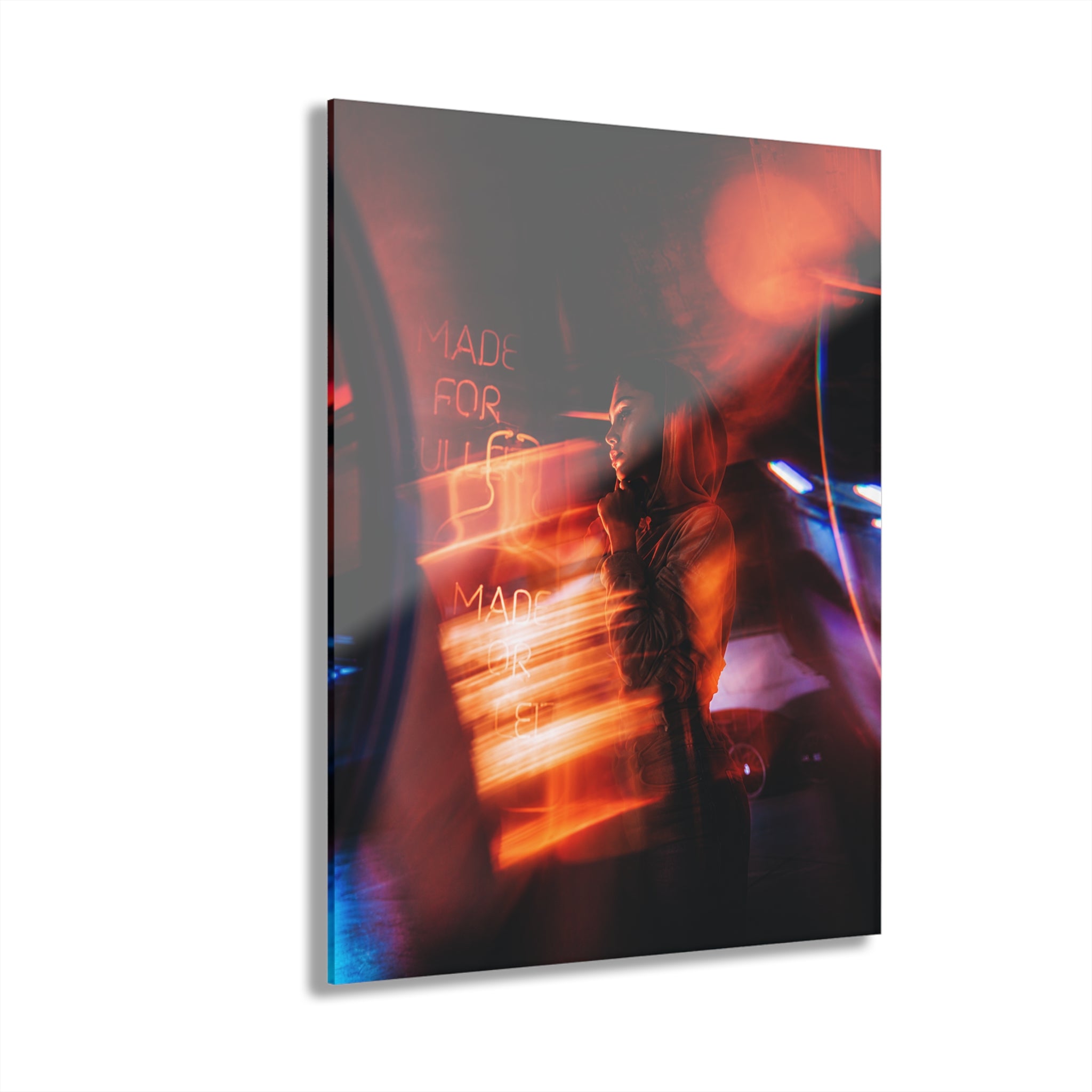 Neon Woman Acrylic Wall Art, Moody Urban Portrait Photography