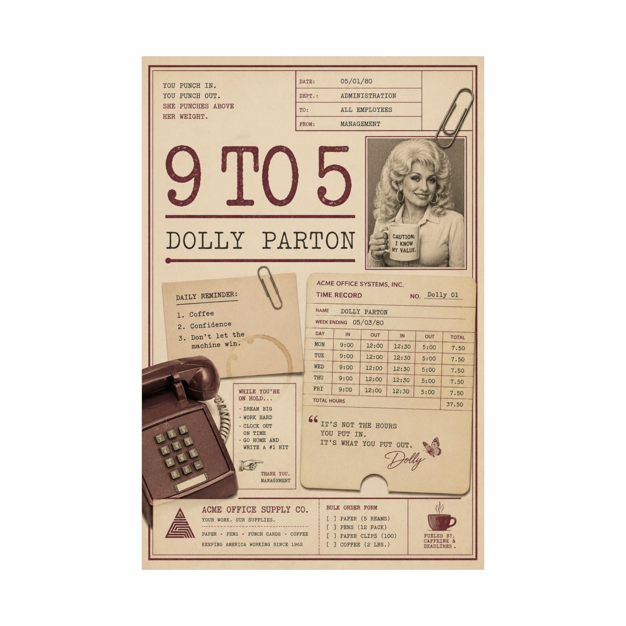 Dolly Parton 9 to 5 Poster | Vintage Office Collage Wall Art