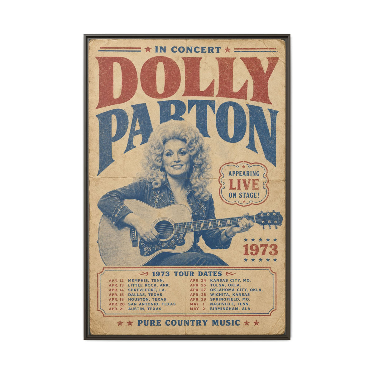Dolly Parton Wall Art, 1973 Concert Poster Framed Canvas, Vintage Country Music Decor, Nashville Music Room Art, Dolly Parton Gift