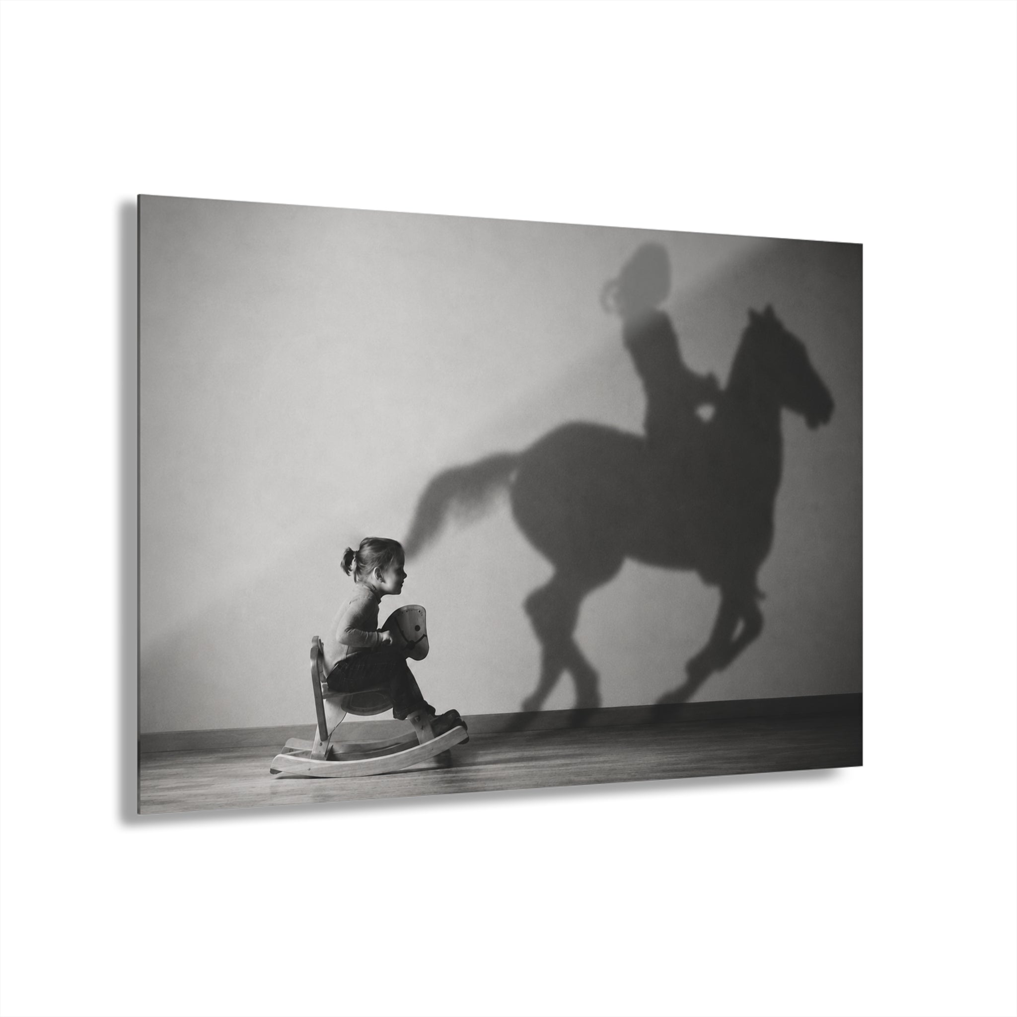 Horse Shadow Acrylic Wall Art, Black and White Childhood Photography, Imagination Print