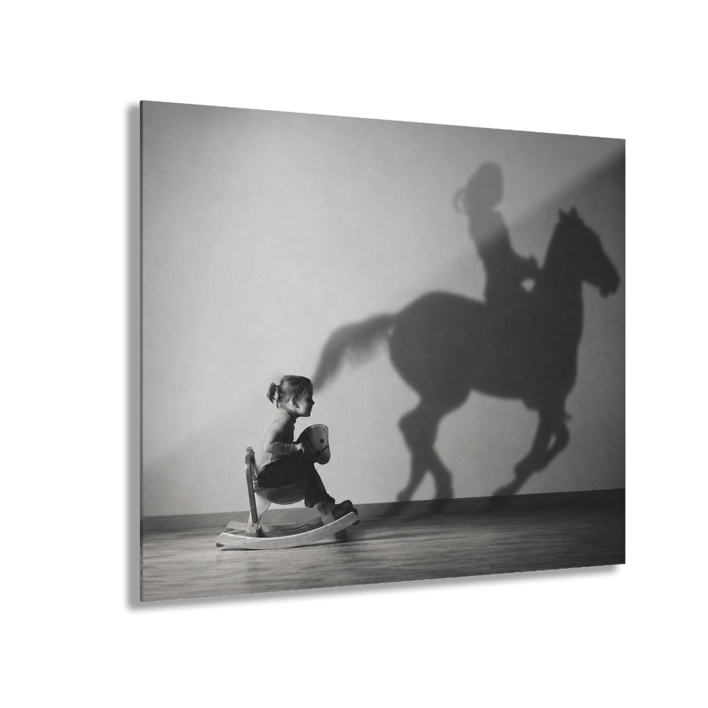 Horse Shadow Acrylic Wall Art, Black and White Childhood Photography, Imagination Print