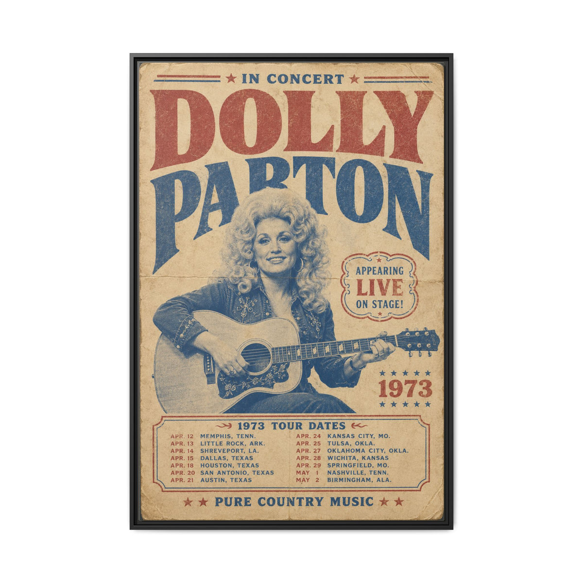 Dolly Parton Wall Art, 1973 Concert Poster Framed Canvas, Vintage Country Music Decor, Nashville Music Room Art, Dolly Parton Gift