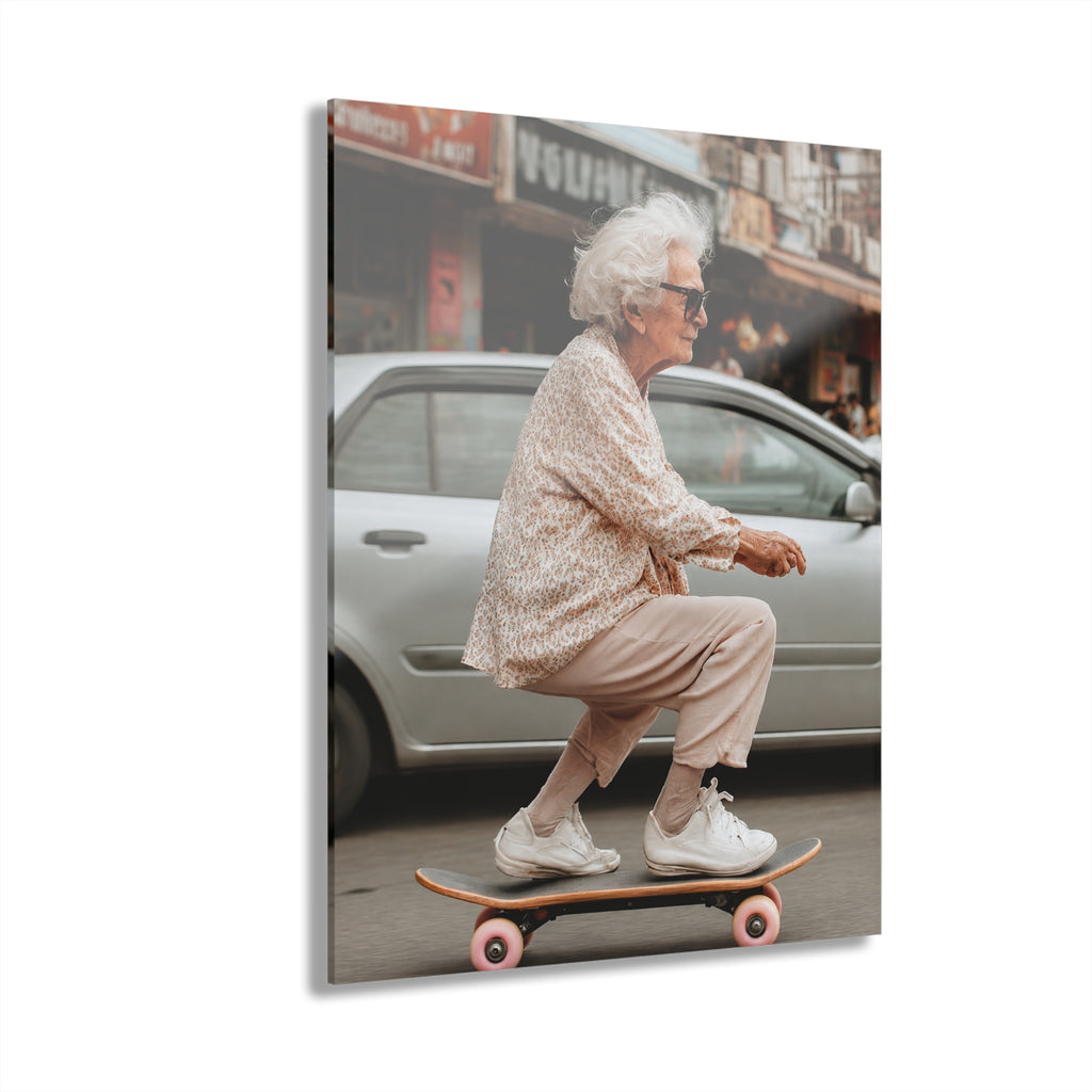 Funny Skateboard Wall Art, Elderly Woman Acrylic Photo Print