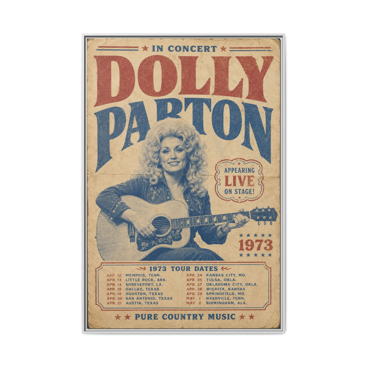 Dolly Parton Wall Art, 1973 Concert Poster Framed Canvas, Vintage Country Music Decor, Nashville Music Room Art, Dolly Parton Gift