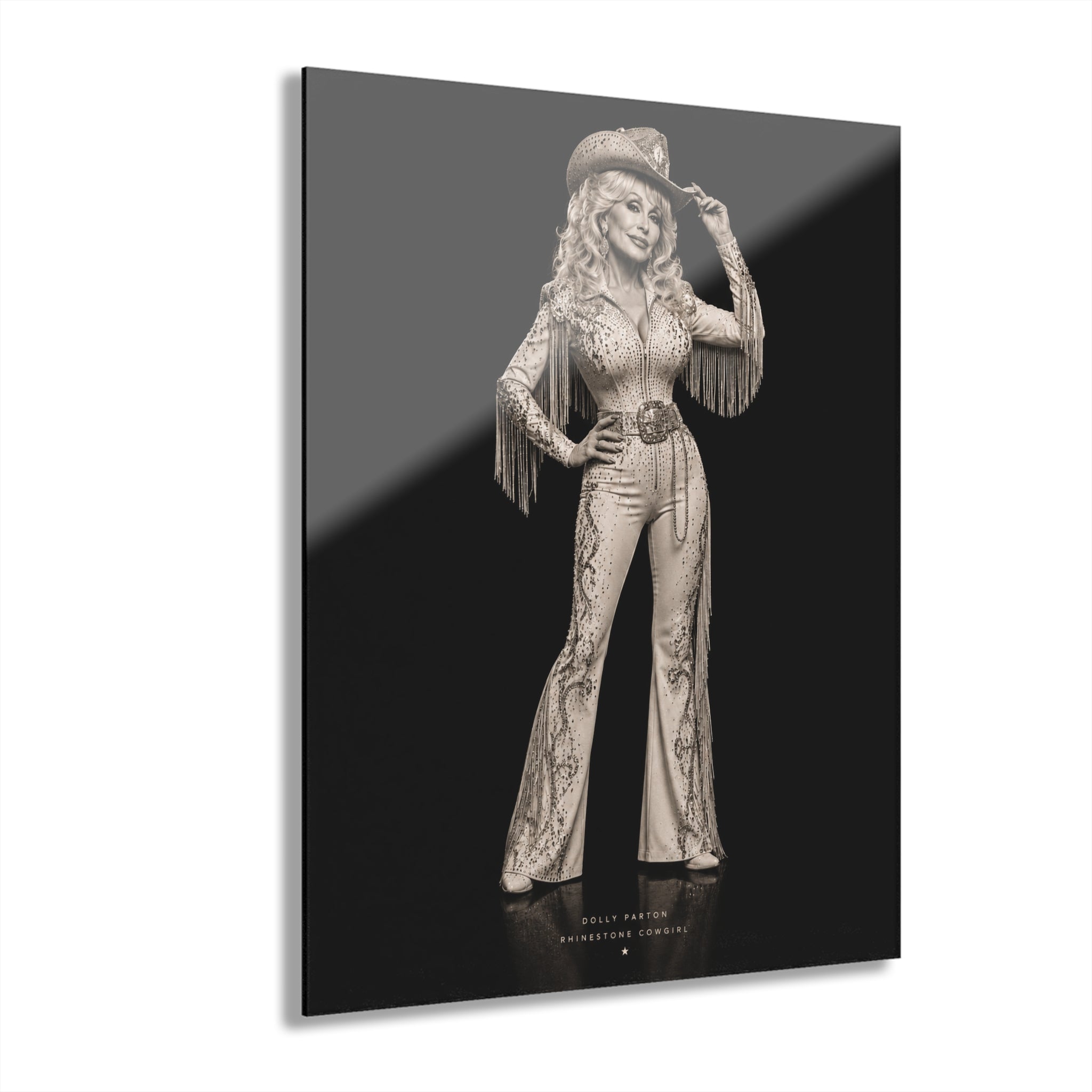 Dolly Parton Rhinestone Cowgirl Acrylic Wall Art | Black & White Western Portrait