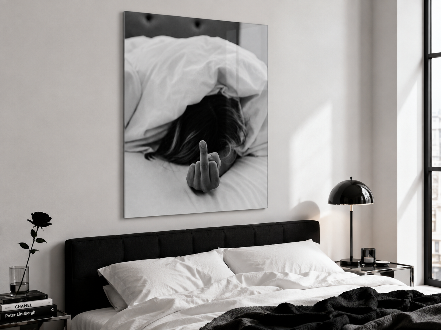 Black and White Acrylic Print, Middle Finger Bedroom Wall Art