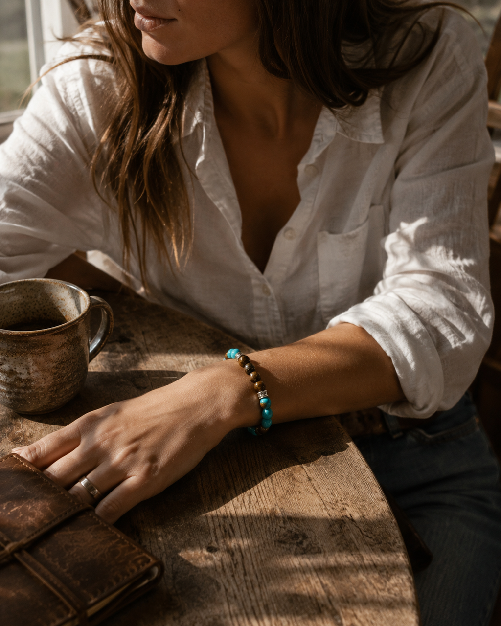 Blue Howlite and Tiger Eye Round Bead Bracelet 8mm - Balanced Emotions
