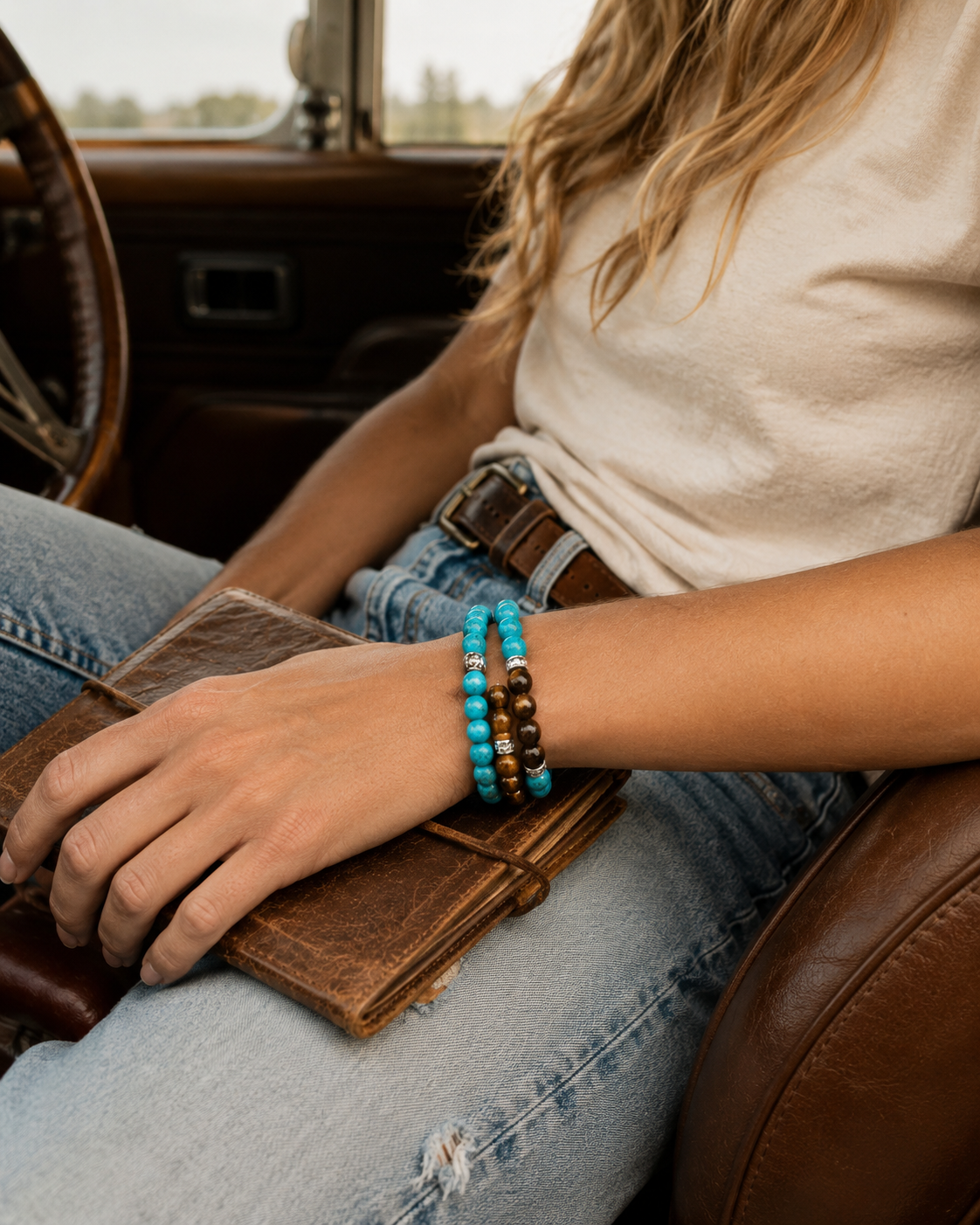 Blue Howlite and Tiger Eye Round Bead Bracelet 8mm - Balanced Emotions