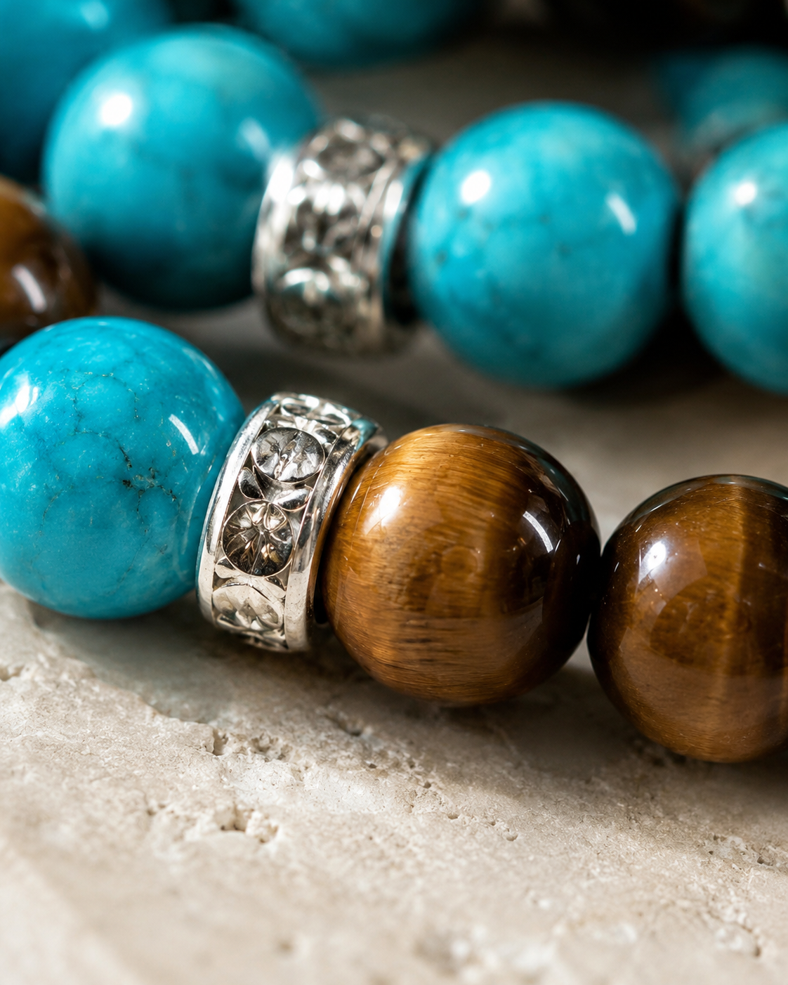 Blue Howlite and Tiger Eye Round Bead Bracelet 8mm - Balanced Emotions