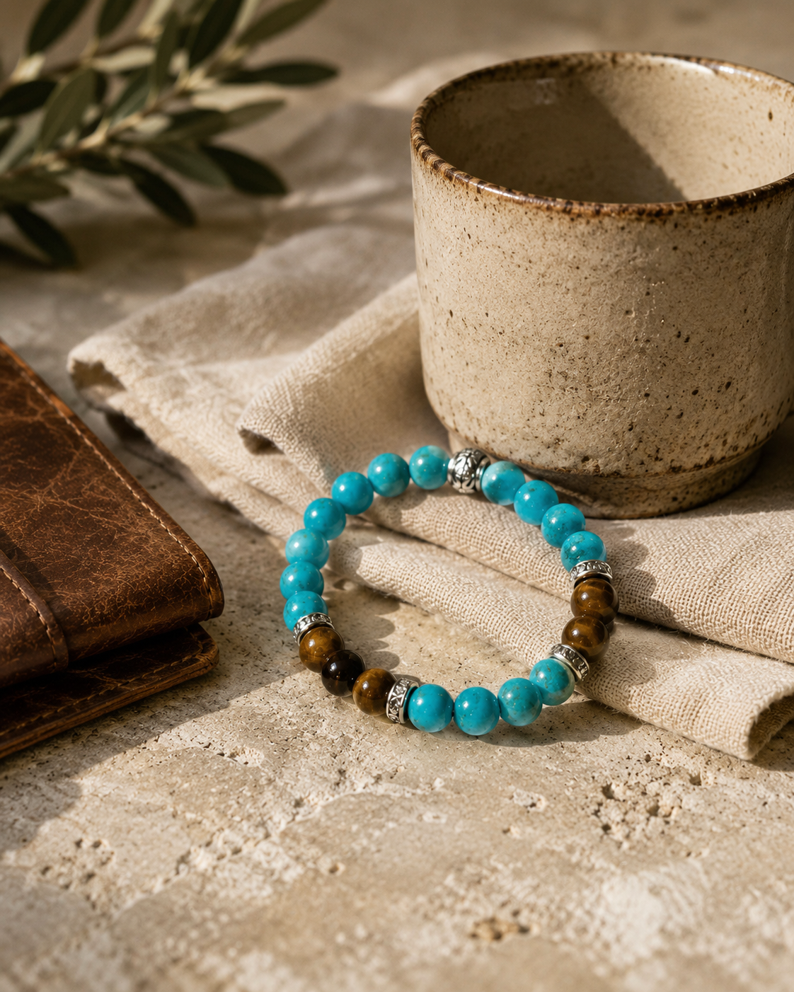 Blue Howlite and Tiger Eye Round Bead Bracelet 8mm - Balanced Emotions